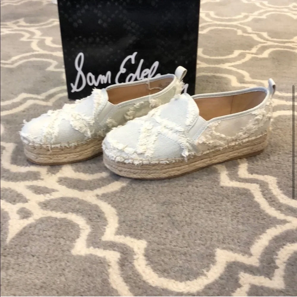 Sam Edelman White Frayed Canvas Espadrille Slip-Ons